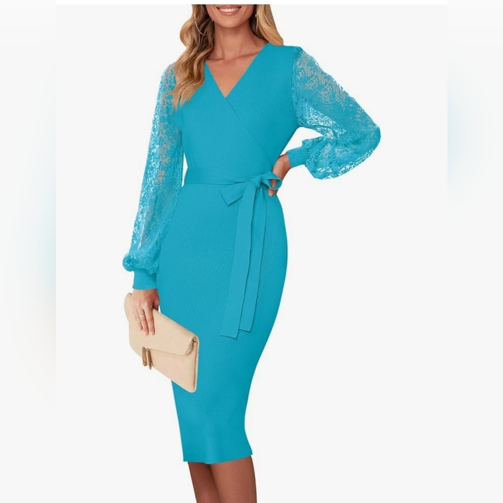 MEROKEETY Womens V Neck Lace Long Sleeve Sweater Dress